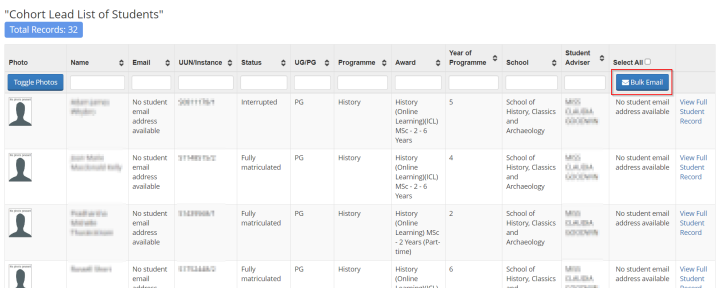 Screenshot of Cohort Lead List of Students page listing the students assigned to the Cohort lead. 