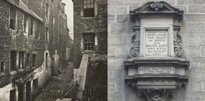 Left: College Wynd shortly before demolition. The vague building in the distance is the north side of Old College. Right: the plaque on Guthrie Street marking Scott's birthplace.