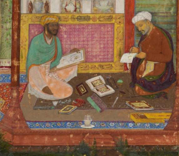 A portrait of a scribe from the Indian illuminated manuscript, the Khamsa of Nizami (1595-6)