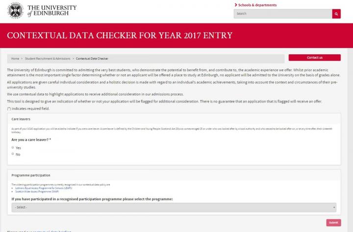 Image of contextual data checker with care leaver question