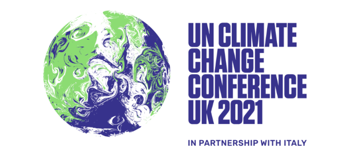 Graphic design of the planet Earth. Text says 'UN Climate Change Conference UK 2021'