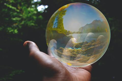 An image of an outstretched hand in front of a background of trees. In the palm of the hand is a bubble, through the bubble you can see a lake with mountains in the background