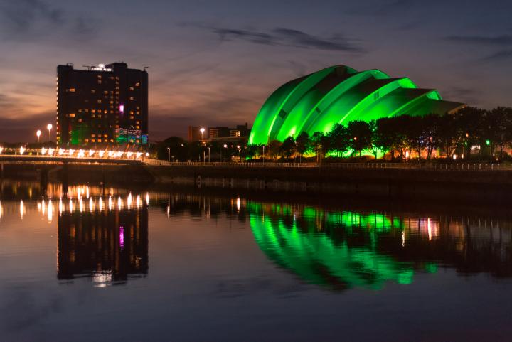 Conference centre in Glasgow at night. 