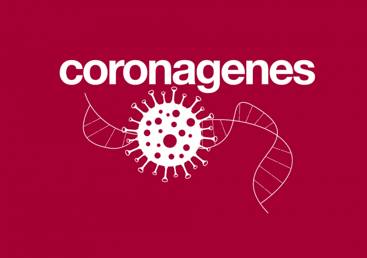 white Coronagenes logo on a ruby red background