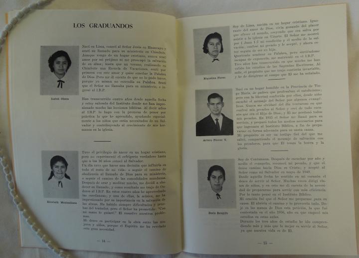 Photograph of a pamphlet with photographs of graduates of the Peruvian Bible Institute