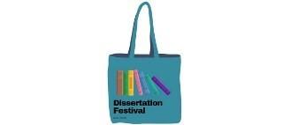 The logo for the 2022 Dissertation Festival, a light blue tote bag against a white background. The tote bag has images of books on it and the words "Dissertation Festival"