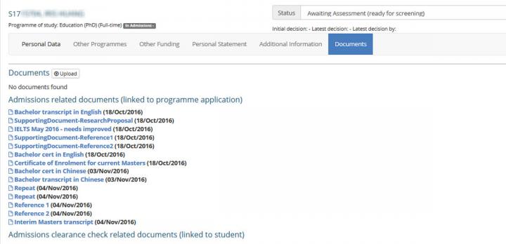 Image of the scholarships application documents tab
