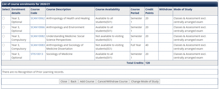 The 'Edit Course Enrolment' screen displays a list of the student's enrolments for the chosen academic year