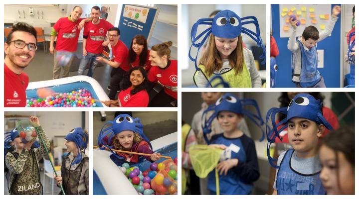A photo collage showing CIR members playing Amazing Immunology with children at the science festival.