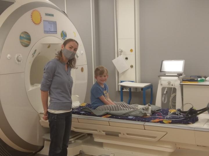 Dr Hilary Richardson (left), with study participant (right), at the EIF RIE MR scanner