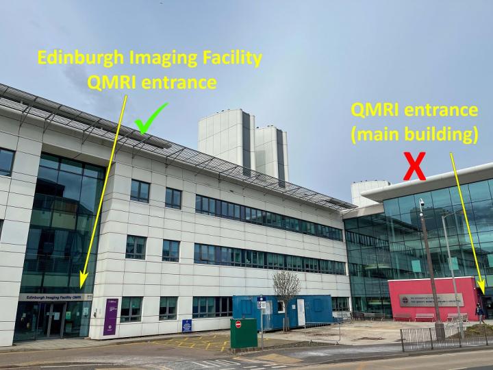 The Edinburgh Imaging Facility QMRI entrance (highlighted), and the QMRI main building entrance (highlighted).