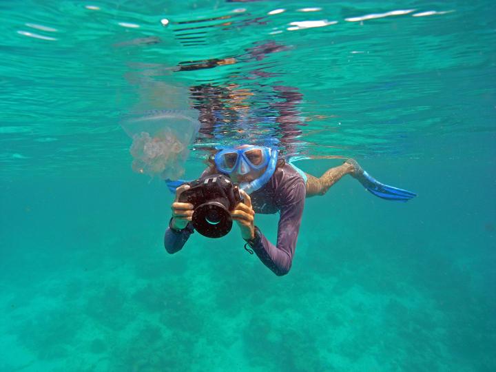 Emily humble underwater with a jellyfish