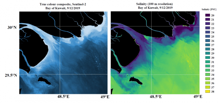 Remote sensing images depicting high resolution sea surface salinity.