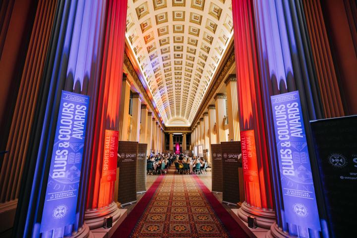 Image of entry to playfair library with Blues and Colours awards signs