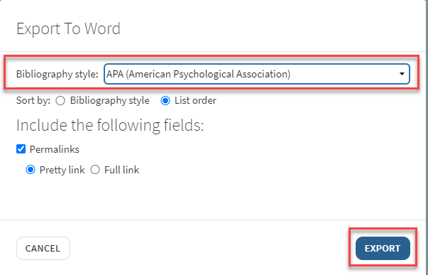 Resource List export to bibliography word file options