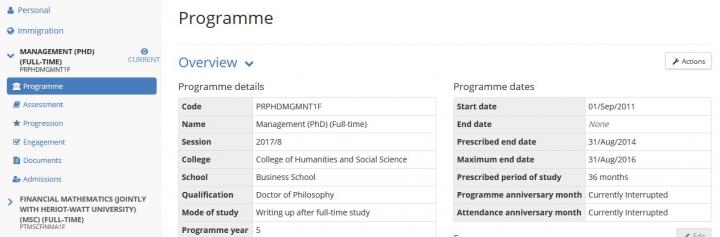 Image of external academics student programme details screen