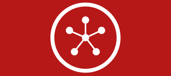 Red background with circle and icon connecting five dots to a central one