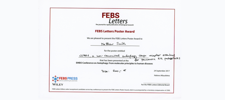 Matthew Smith's FEBS letters poster prize certificate