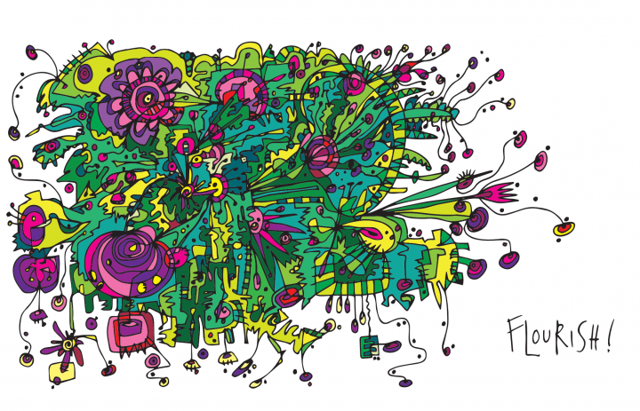 A purple, green and yellow doodle with the text "Flourish!" beside it. 