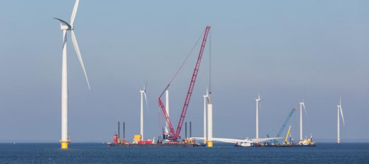 An offshore wind farm being constructed.