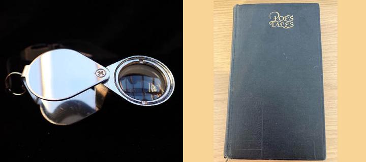 Hand lens and book of Edgar Allan Poe tales
