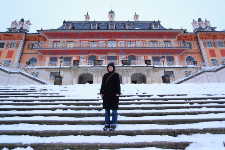Susanne Tauber in front of Pillnitz Castle near Dresden in Germany