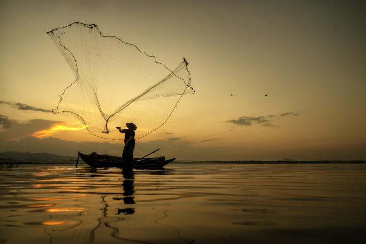 Stock image of fisherman casting a net