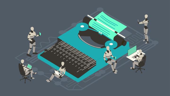 AI robots sit around a typewriter