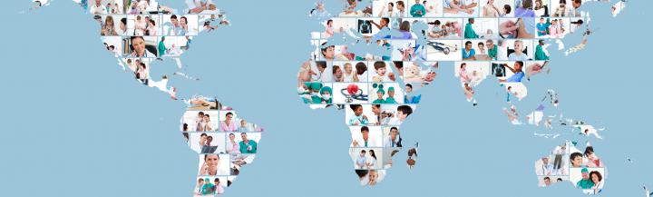 World map with photos of healthcare workers