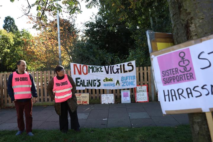  Placards in support of a Public Space Protection Order are placed outside the Marie Stopes Abortion Clinic by a pro-choice grou