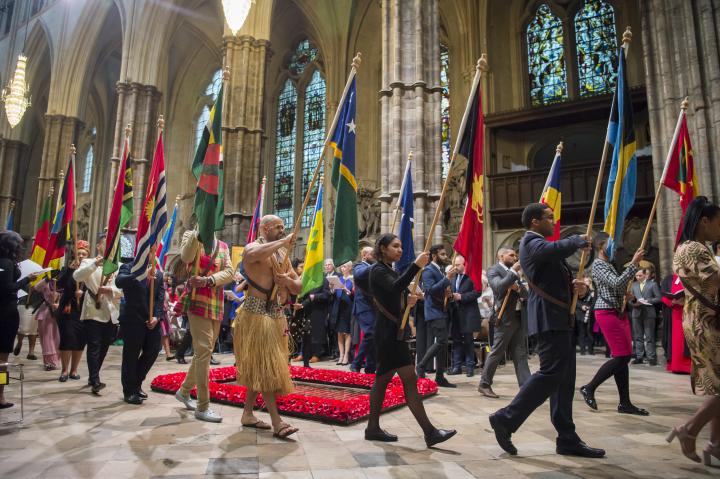 Flags of the Commonwealth being paraded through the Abbey during the Commonwealth Service at Westminster Abbey on March 12, 2018