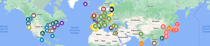 Still image showing some of the pinned exchange destinations on a Google Map