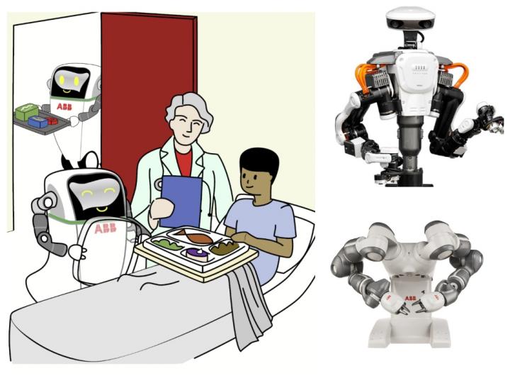 Person sat in hospital bed eating meal with doctor holding clipboard and robot next to bed.