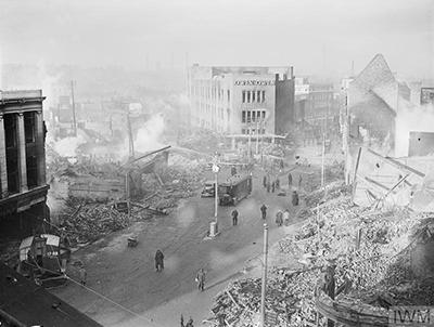 Bomb damage in Broadgate, central Coventry, the morning after the German air raid on the night of 14 November 1940.