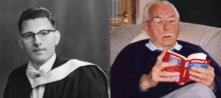 Left : Ian Malcolm in his graduation robes in 1960, right: Ian in recent times reading a French dictionary