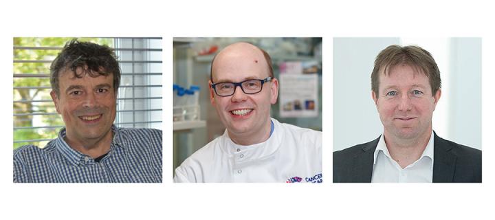Co-Directors of the new CRUK Scotland Centre Prof Ian Tomlinson (left), Prof Owen Sansom (middle), and Clinical Lead Prof Charlie Gourley (right).