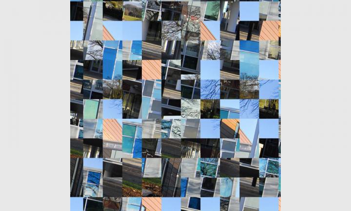 An image scrambled into 144 tiles. Light blues, turquoise, terracotta tones.