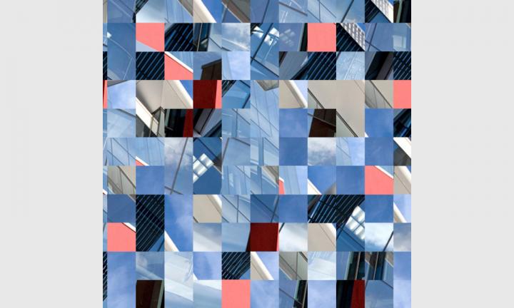 Photo scrambled into 144 tiles. Blue, dark grey and red tones.