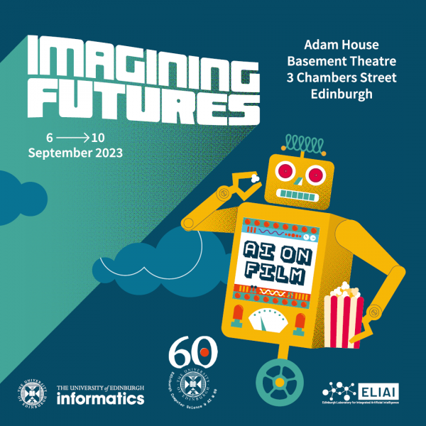 Poster for the Imagining Futures poster shows a cartoon robot eating popcorn.