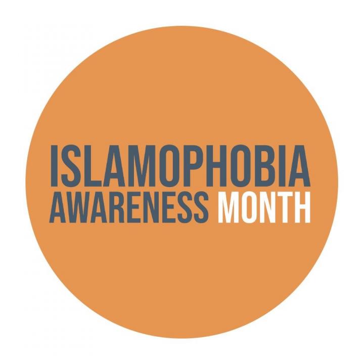 Orange circle with the text Islamophobia Awareness month in the middle. 