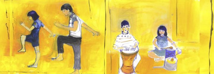 Illustration of 2 children dancing and 2 children playing drums on a yellow backrgound