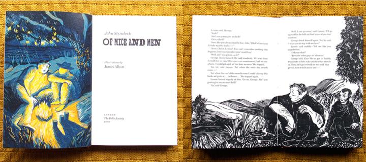 Two illustrated inside spreads from 'Of Mice and Men'.
