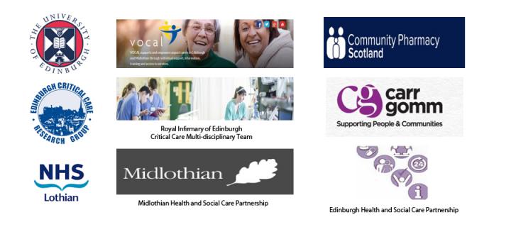 logos of Institution involved in the research including NHS Lothian, Edinburgh University, Midlothian Health and Social Care etc