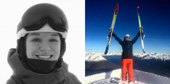 Alumna JJ Bate in ski gear (left) and on top of a snowy peak (right).