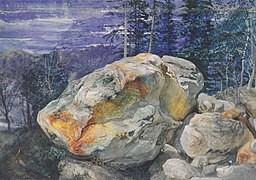 Painting by John Ruskin called Fragments of the Alps. In the foreground are some large grey and orange stones. Behind the stones are some tall trees and the mountains of the Alps