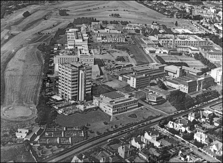 An aerial photograph of The King's Buildings campus in 1974
