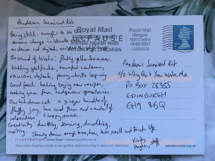 A photograph of writing on a postcard addressed to The Pandemic Survival Kit at the Chaplaincy Centre. 