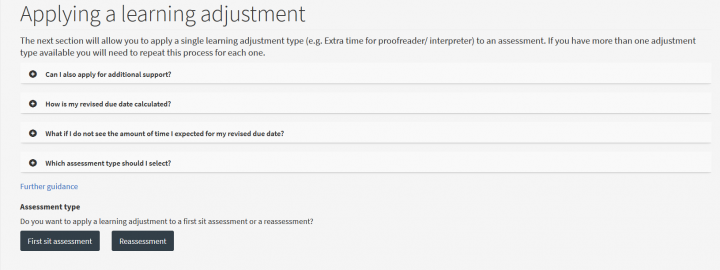 Applying for a learning adjustment screen in the Extra Time Adjustment tool