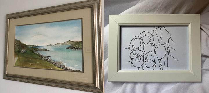 Laura's watercolour painting of Bernera and Nicha's line drawing of her group of friends