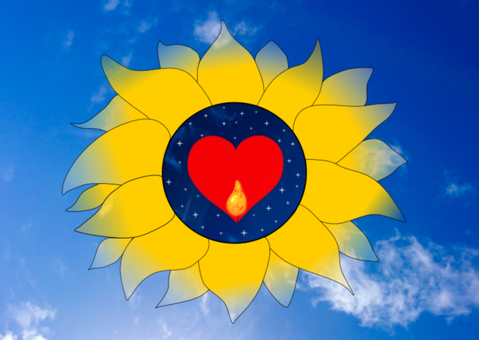 Image of a blue sky with white clouds. In the centre of the image is the drawing of a sunflower. In the centre of the sunflower is a circle, the background of the circle is of the night sky with stars. Inside the circle is a red loveheart shape, at the bottom of the heart is an orange flame from a candle. 